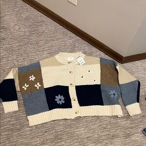 Patchwork Cardigan Sweater - Cream, Blue, Brown
